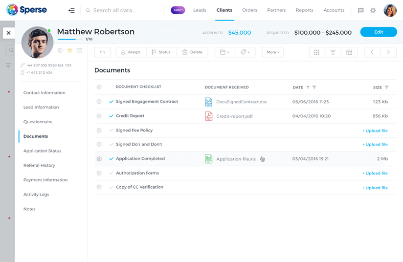 Sperse CRM Client View Contact